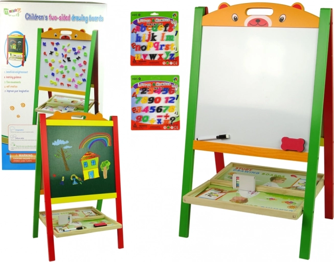 Drewniana dwustronna tablica dla dzieci 2w1 z magnesami, literkami i liczbami