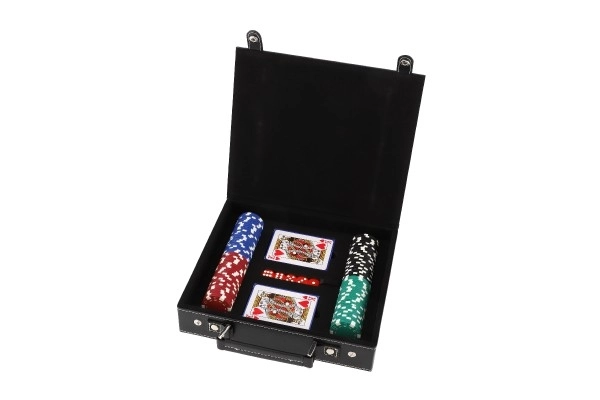 Zestaw pokerowy 100 szt. + karty + kostki w walizce w pudełku 28x25x8cm