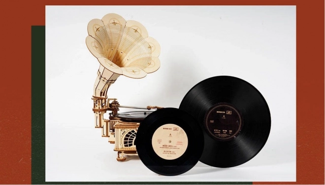 RoboTime 3D drewniane mechaniczne puzzle Gramofon (napęd ręczny)