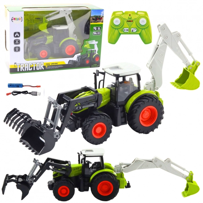 Zabawny traktor z obrotową łopatą i koparką
