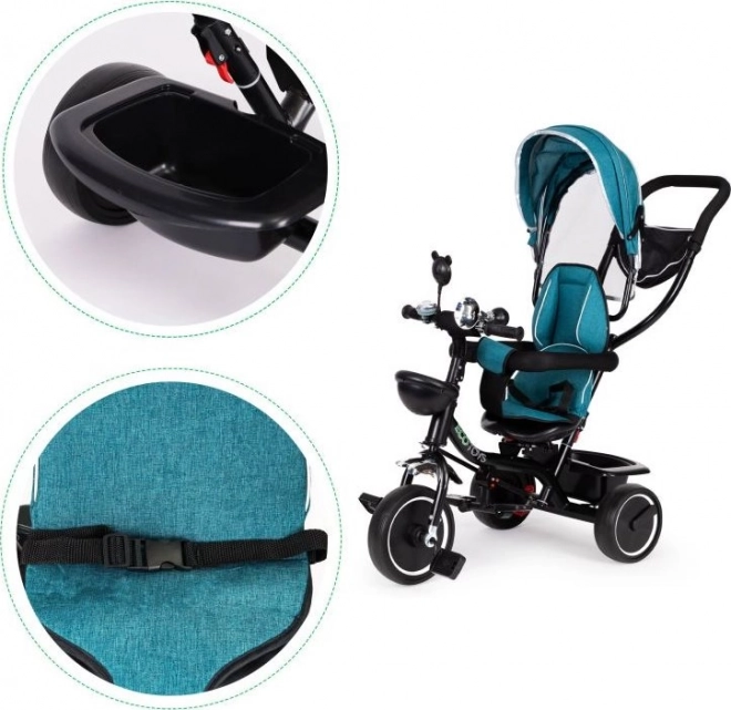 ECOTOYS Trójkołowy rowerek z daszkiem i prowadzącą rurką niebieskozielony