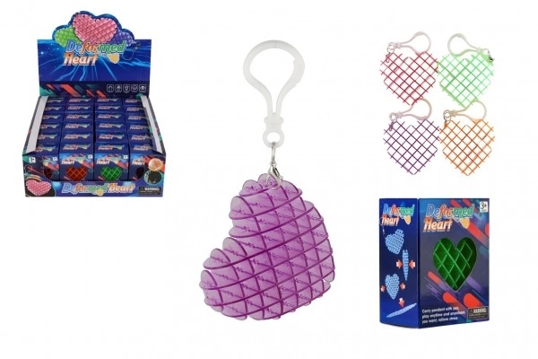 Zawieszka fidget serce zmieniające kształt antystresowy plastik 6cm 4 kolory w pudełku 6x6,5cm 24 szt. w opakowaniu