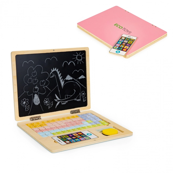 ECOTOYS Drewniany notebook z magnetycznym monitorem - różowy