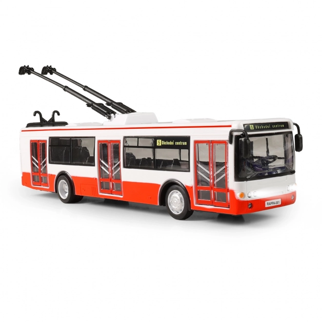 Trolejbus mówiący po czesku plastikowy 29cm czerwony wolny ruch na bat. ze światłami z dźwiękiem w opak. 33x11x10cm