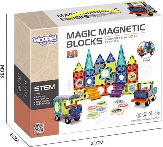 Woopie magnetyczne klocki 3D – zamek i pojazdy, 71 elementów