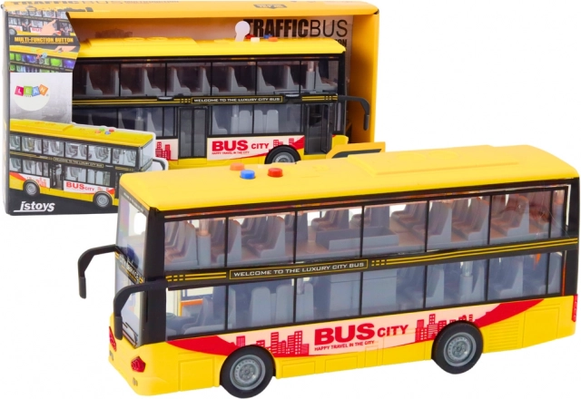 Dwupoziomowy autobus 1:16 ze światłami, dźwiękami i napędem z bezwładnością – żółty