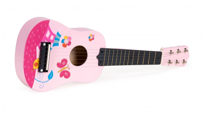 Dziecięca drewniana gitara, metalowe struny, różowa ECOTOYS