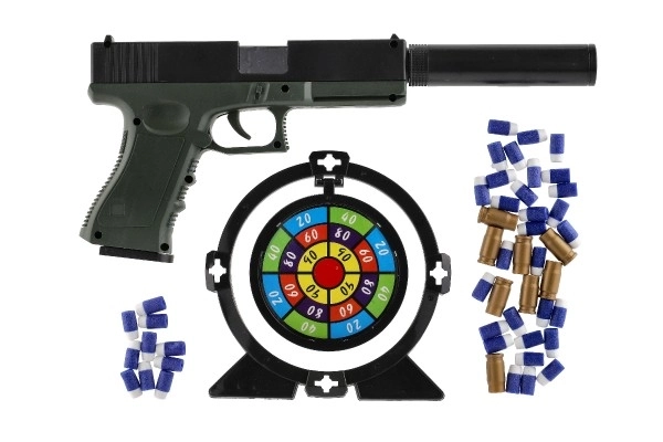 Pistolet na piankowe naboje plastikowy 20cm z tłumikiem, tarczą, nabojami 18szt w pudełku 40x28x4,5cm