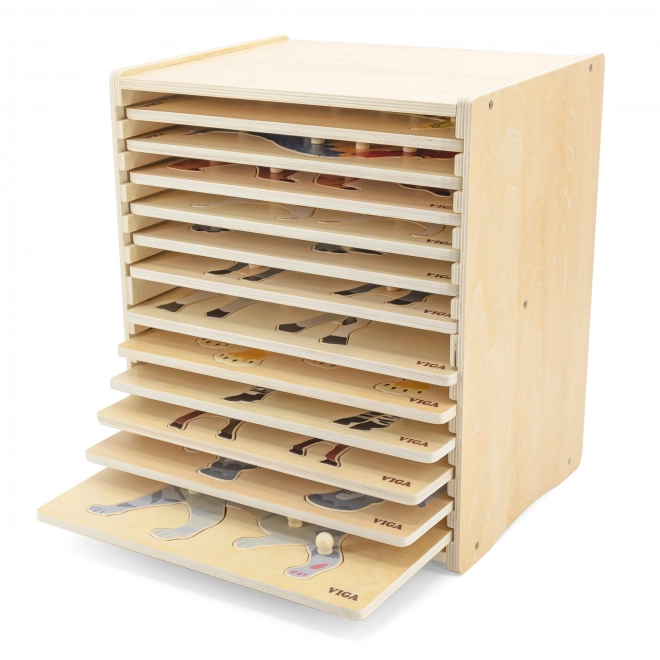 Zestaw drewnianych puzzli 12 zwierzątek Montessori z stojakiem Viga