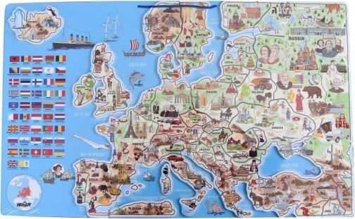 Woody Magnetyczna mapa Europy z obrazkami i grą towarzyską, 3w1