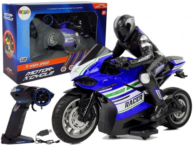 Sportowy wyścigowy motocykl na zdalne sterowanie 2.4G Zasięg 35m Niebieski