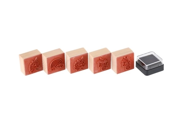 Drewniane pieczątki 5+1 z poduszką jednorożce 3x3cm na karcie