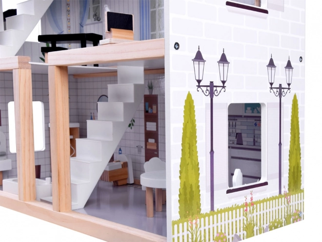 Drewniany domek dla lalek z lampkami LED w stylu boho 78cm