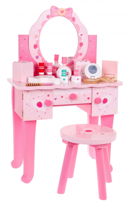 Drewniana toaletka z taboretem dla dziewczynek Domowy salon kosmetyczny Makeup + akcesoria