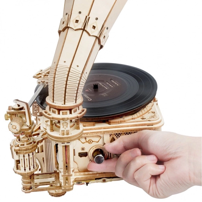 RoboTime 3D drewniane mechaniczne puzzle Gramofon (napęd ręczny)