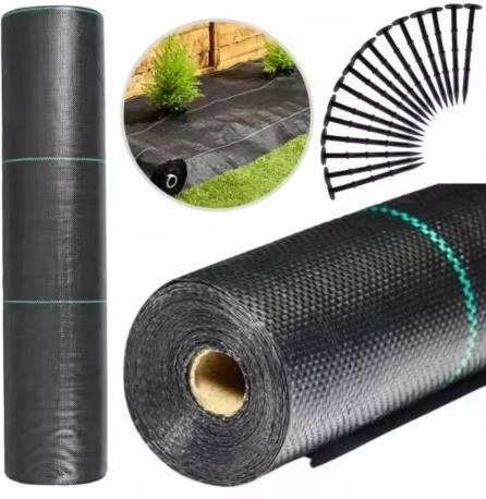 Czarna agrotkanina 1,1x100m UV 135g przeciw chwastom + kotwy