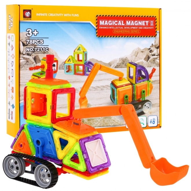 Budowlane klocki magnetyczne + koła + ramię koparki - 78 elementów