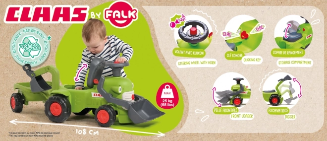 Jeżdżący traktor Claas z przyczepą, ładowaczem i łyżką
