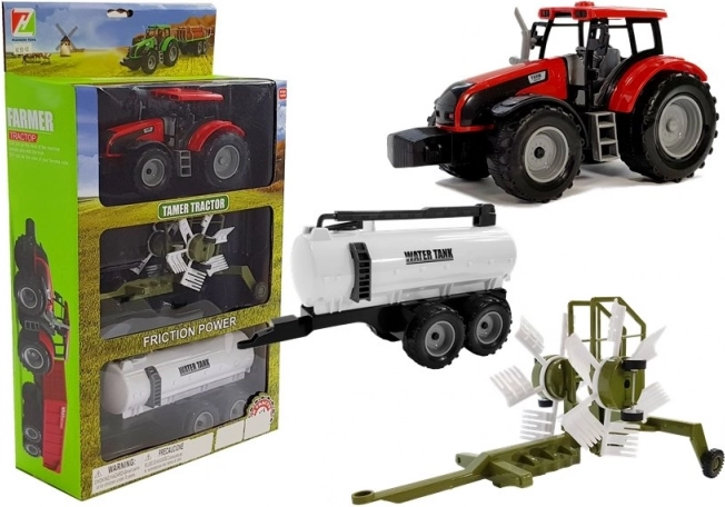 Traktor z przyczepą, zgrabiarką i cysterną – czerwony