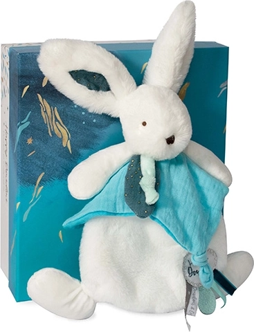 Zestaw prezentowy Doudou – pluszowy króliczek z przytulanką 25 cm, niebieski