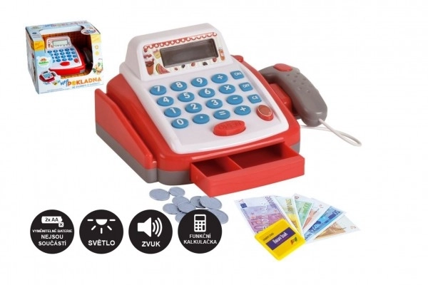 Mała kasa cyfrowa plastikowa 18cm z akcesoriami na baterie ze światłem i dźwiękiem w pudełku 22x15x18cm
