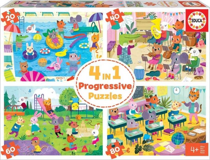 Educa puzzle Dzień w szkole 4w1 (20–80 elementów)