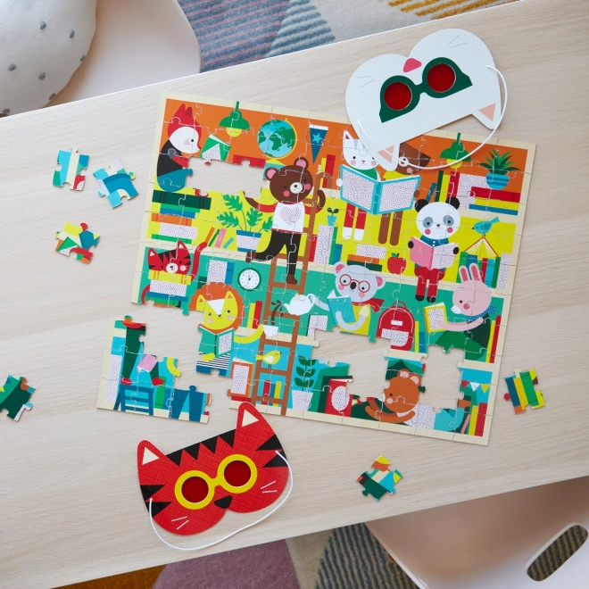 Petit Collage puzzle biblioteka z okularami 3D