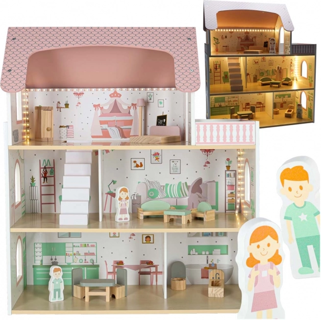 Drewniany domek dla lalek z oświetleniem LED Lulilo Peonio 70 cm, różowy