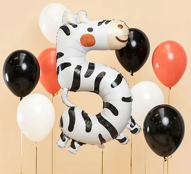 Foliowy balon urodzinowy numer 5 - Zebra 68 x 98 cm
