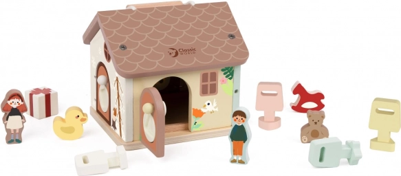 Drewniany domek z klockami do układania dla dzieci