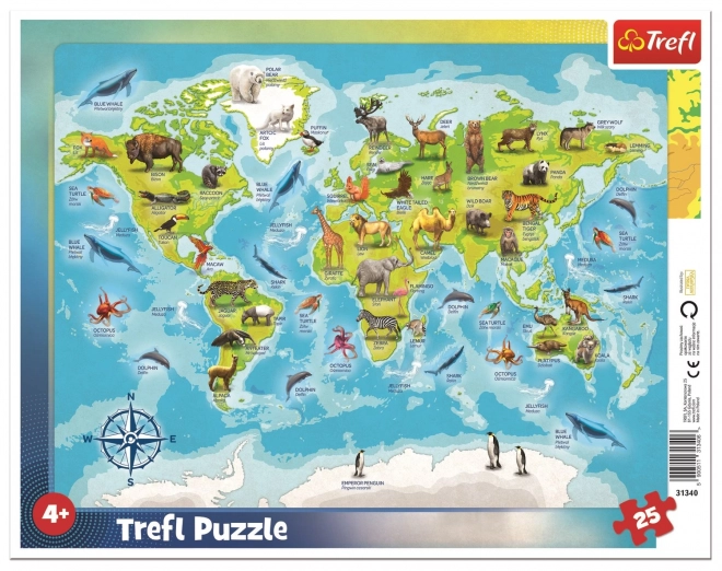 TREFL Puzzle Mapa świata ze zwierzątkami 25 elementów