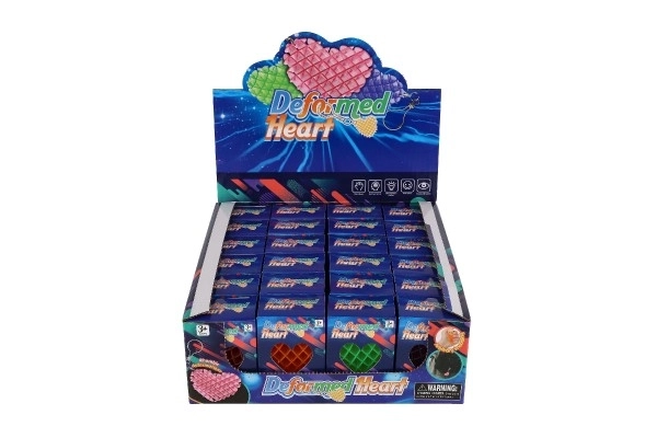 Zawieszka fidget serce zmieniające kształt antystresowy plastik 6cm 4 kolory w pudełku 6x6,5cm 24 szt. w opakowaniu