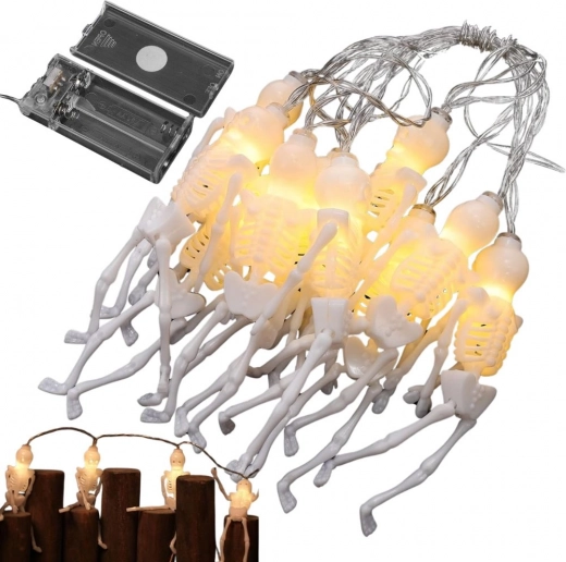 LED halloweenowy łańcuch świetlny szkielety 2 m, 10 zawieszek, ciepła biel