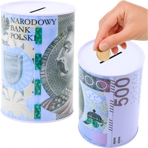 Metalowa skarbonka z nadrukiem banknotu 500 PLN dla dzieci