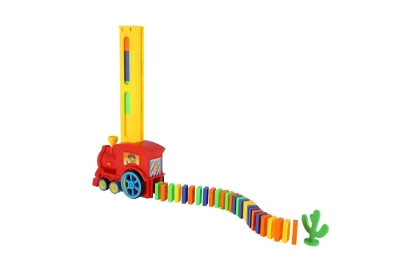 Lokomotywa/Pociąg domino układający plastikowy 16cm na baterie z dźwiękiem ze światłem w pudełku 33x23,5x8cm