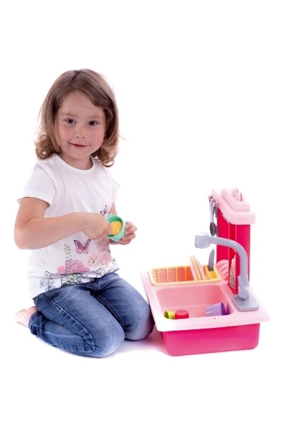 Zlew do mycia naczyń różowy + kran na wodę na baterie plastik z dodatkami w pudełku 46x28x12cm