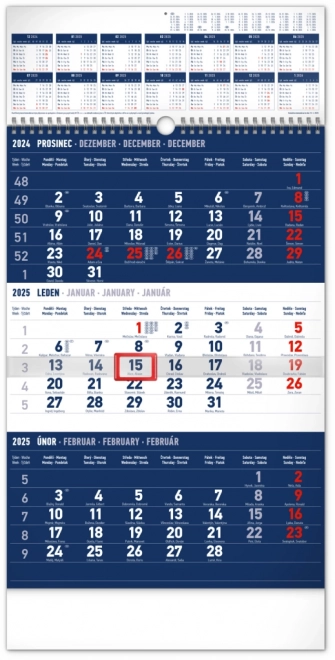 NOTIQUE Kalendarz ścienny 3-miesięczny standard niebieski – z rocznym przeglądem 2025, 29,5 x 43 cm