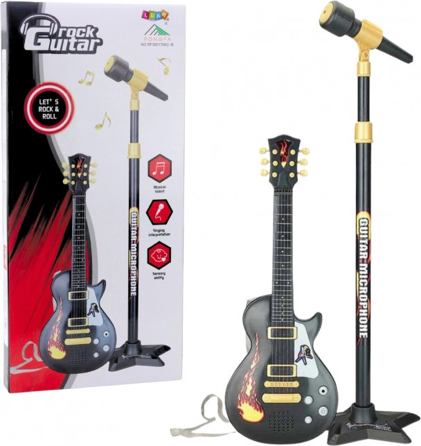 Zestaw muzyczny dla dzieci z gitarą i mikrofonem na statywie – czarny