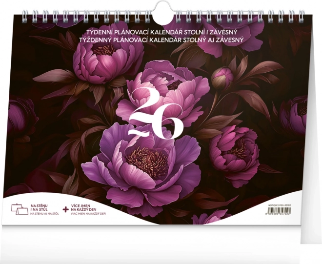 Tygodniowy planujący kalendarz Fioletowe kwiaty 2026, 30 x 21 cm