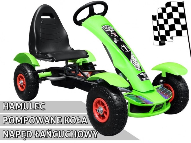 Wyścigowy gokart na pedały XL dla dzieci 3+ Zielony + Pompowane koła + Regulowane siedzenie + Wolnobieg