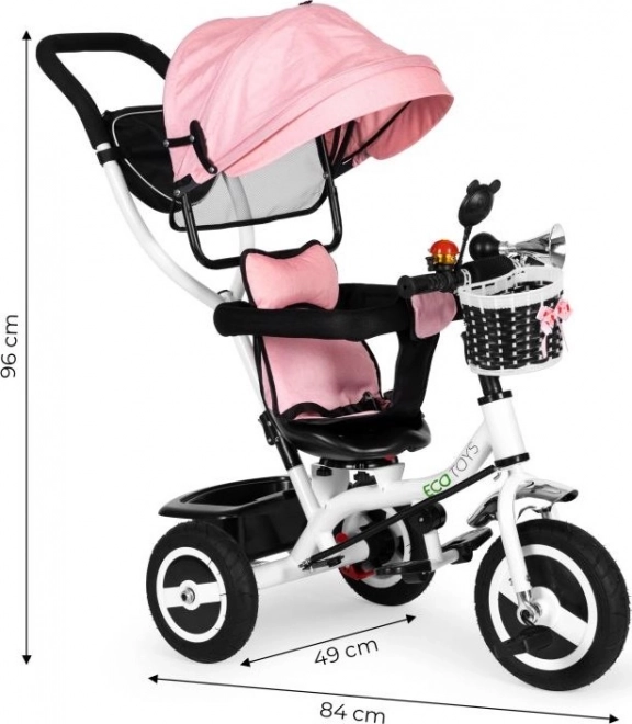 ECOTOYS Trójkołowy rowerek z daszkiem i rączką - różowy