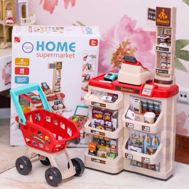 Supermarket z wózkiem zakupowym i skanerem