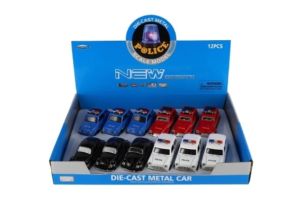 Auto policyjne retro 11cm metal/plastik na napęd wsteczny na baterie ze światłem 4 rodzaje