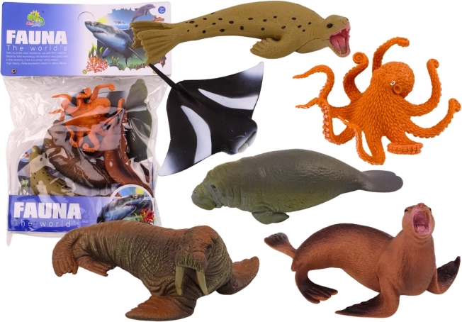 Zestaw figurek zwierząt morskich – mors, foka, ośmiornica, manat i raja (6 szt.)
