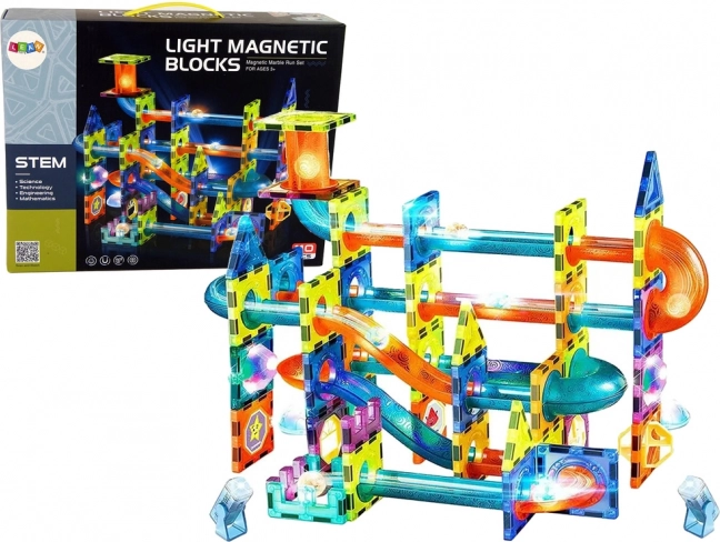 Magnetyczny tor kulkowy plastikowy 110 szt. 16 kulek + dodatki na baterie w pudełku 36x28x9cm