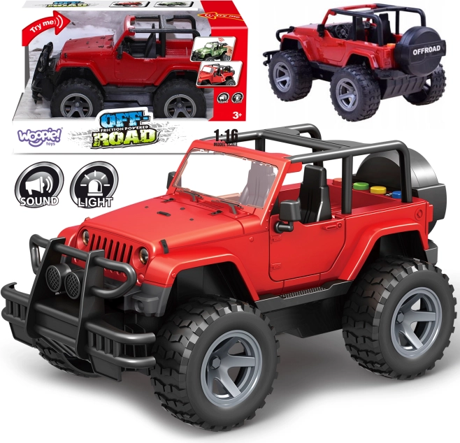 Woopie czerwony terenowy jeep ze światłami i dźwiękami 1:16