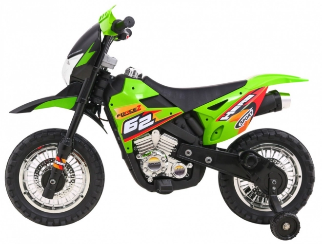 Dziecięcy elektryczny motocykl cross na akumulator – zielony, z kółkami pomocniczymi i światłami LED