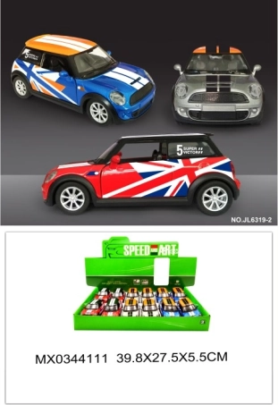 Metalowy model samochodu Mini Cooper z otwieranymi drzwiami i funkcją pull-back