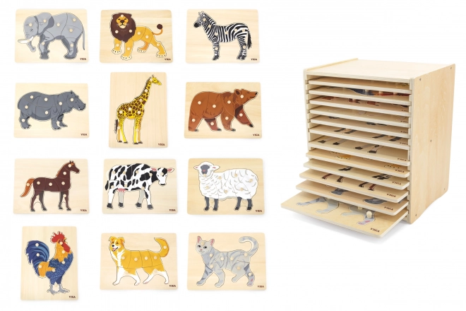 Zestaw drewnianych puzzli 12 zwierzątek Montessori z stojakiem Viga