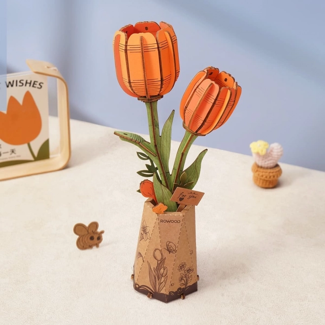 Robotime Rowood 3D drewniane puzzle pomarańczowe tulipany